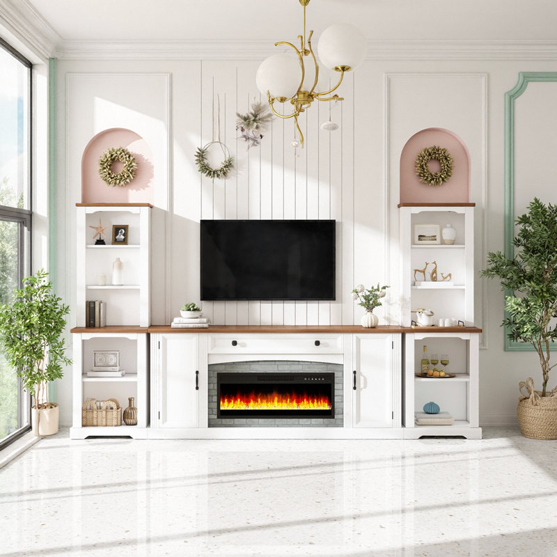 Meuble audio-vidéo 3 pièces avec foyer électrique, meuble télé avec flamme à changement de couleur et tablettes, Blanc