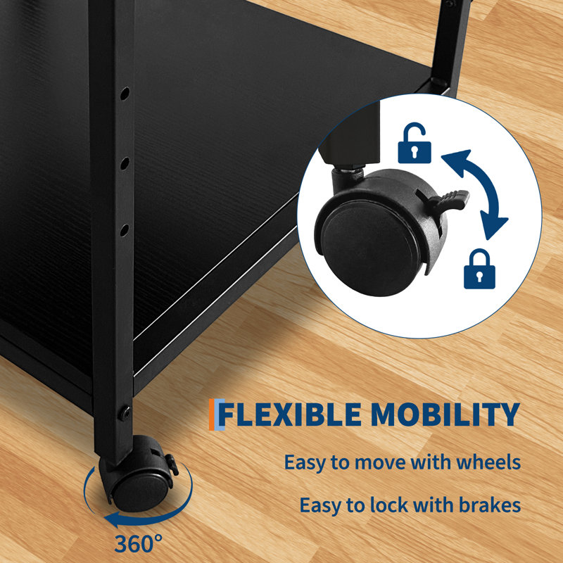 Support pour imprimante sous le bureau, grande table d'imprimante de 20 po de profondeur avec tablette de rangement réglable en hauteur, chariot à roulettes à 2 niveaux avec roulettes pour bureau personnel, noir