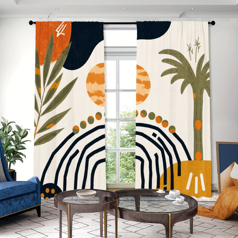 2Pcs Abstract Bohemian Style Curtains, Sun Tree & Arch Pattern, Rod Pocket Blocking, Boho Minimalist Design, All-Season For Living Room Bedroom Study Window Decor
