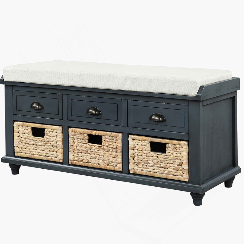 Banc de rangement rustique avec 3 tiroirs et 3 paniers en rotin, banc à chaussures pour le salon, vestibule (marine antique)