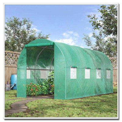 Outsunny 15' x 7' x 6.5' Walk-in Tunnel Hoop Greenhouse, Green House with Polyethylene PE Cover, Steel Frame, Roll-Up Zipper Door & Windows for Flowers, Vegetables, Tropical Plants, Green