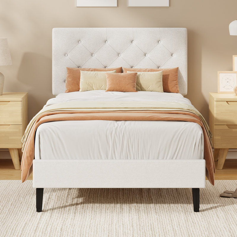 Bed Frames with Button Tufted Headboard, Linen Upholstered Bed with Wooden Slats Support, 90x190, White