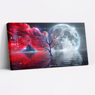 Cyberpunk arbre et lune paysage sur toile tendue, reproduction d'art sur toile, ensemble de 1