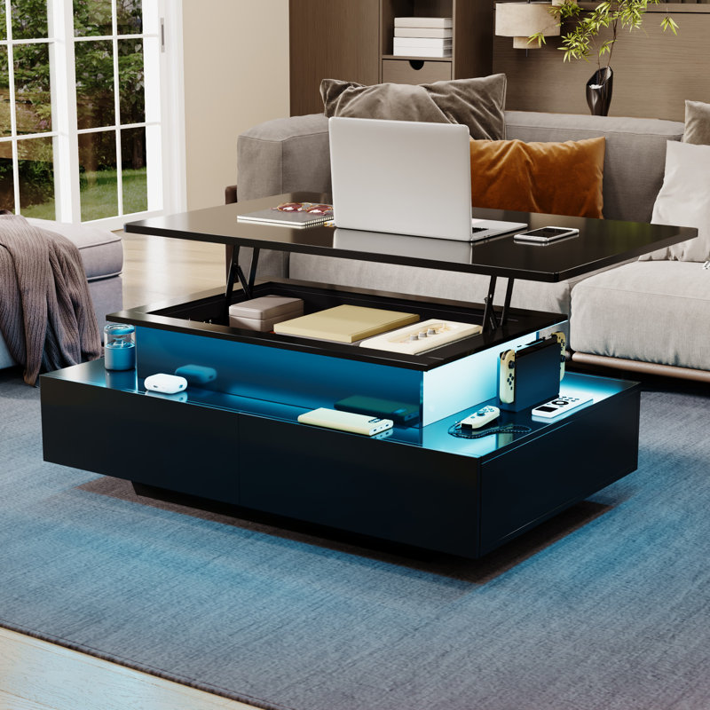  Table basse rectangulaire à DEL avec 4 tiroirs et compartiment caché, Blanc