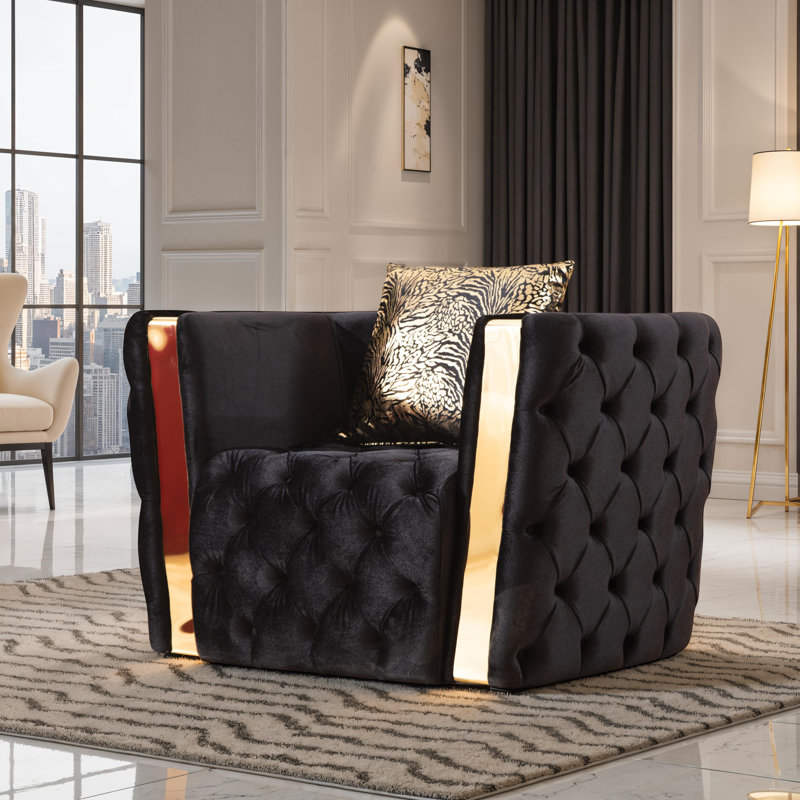 Doruk 43.6'' Velvet Armchair, Black Velvet