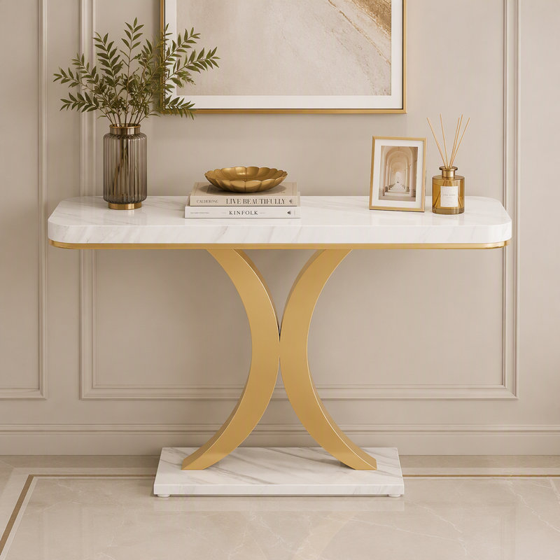 Console 40 po, table de vestibule étroite avec base géométrique, Blanc