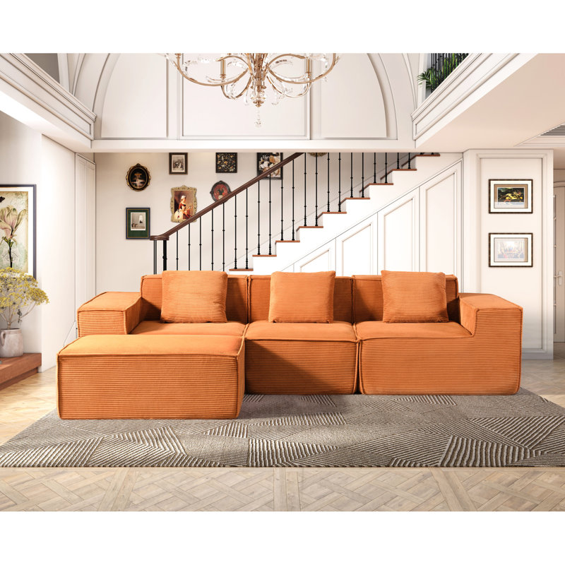 Canapé d'angle modulaire en velours côtelé rouge-orange, convertible en lit, multifonctionnel et spacieux en forme de L, idéal pour les barbecues d'été et les réunions de famille pendant les fêtes.