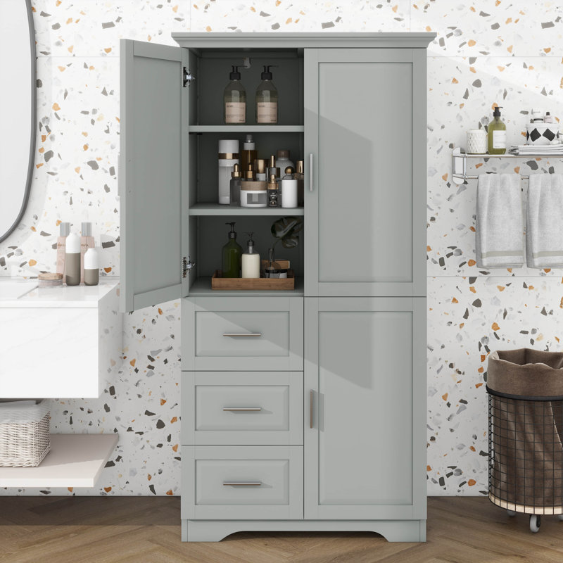 Tall Storage Cabinet, Bathroom Floor Freestanding Storage Cabinet With Doors, Three Drawer, And Adjustable Shelf, Anti-Tipping Device