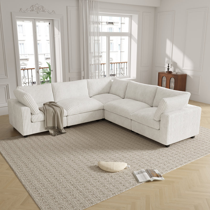 5 - Piece Upholstered Sectional, Beige  Faux Fur