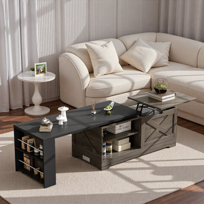 Table basse à plateau relevable Farmhouse avec portes de grange, grand espace de rangement caché, supports latéraux et tablettes ouvertes