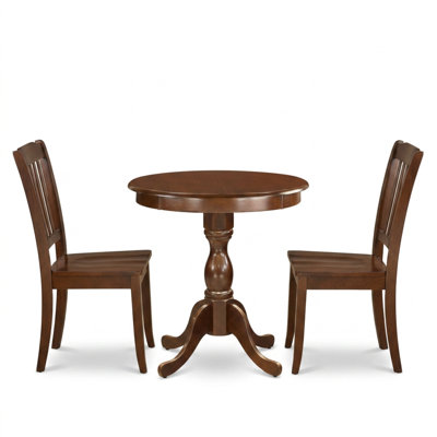 Ensemble de salle à manger rond 3 pièces en bois d'acajou, fini en acajou, avec 2 chaises à dossier à lattes et pied central.