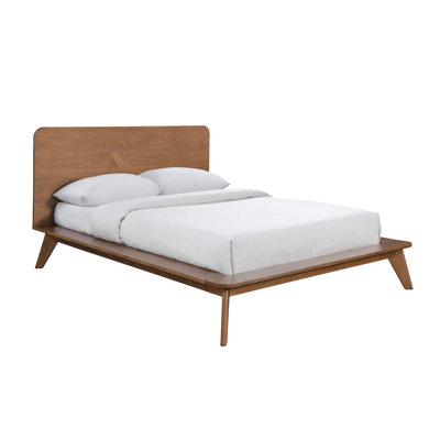 Walnut Color Full Size Solid Wood Platform Bed, Mid - Century Style Panel Headboard, Tapered Angled Legs, Mattress Ready Bed In Wood, Contemporary Design,