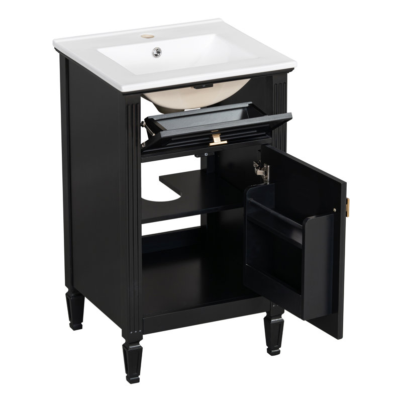 Meuble-lavabo autoportant moderne de 20 pouces avec lavabo en céramique et panneau de fibres à densité moyenne en bois de pin durable Melvera