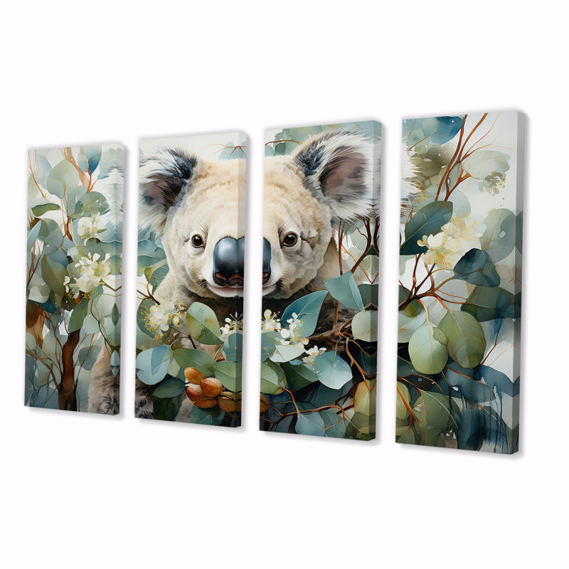 Aquarelle Koala Tree Observer I - ensemble d'art mural 4 pièces Koala, H 28 po x l 48 po