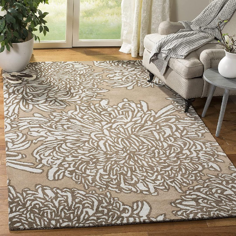 Tapis intérieur / extérieur en laine tressé à la main Floral, Rectangle 5 pi x 8 pi