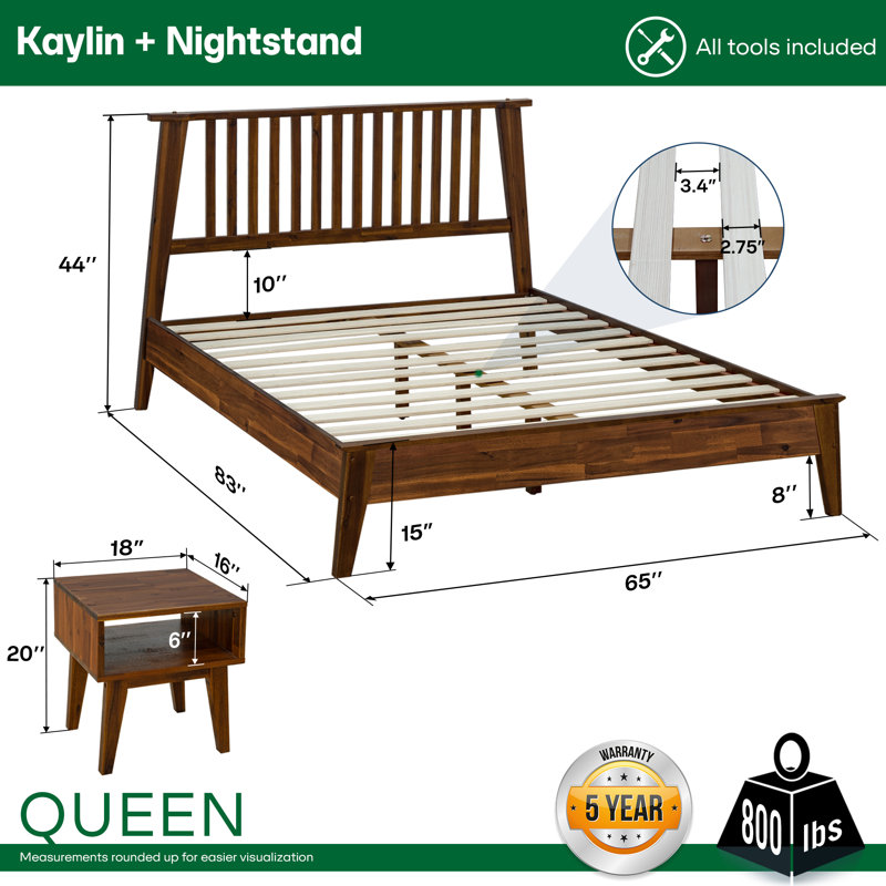 Base de lit plateforme en bois massif Kaylin et table de chevet assortie, style scandinave rustique, capacité de 800 lb, sans sommier, facile à assembler