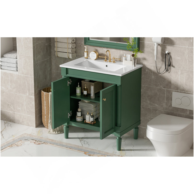 30" Luxurious Bathroom Vanity Cabinet With Ceramic Sink Basin, 30-Inch, Storage Cabinet With Soft Close Doors And Wood Legs