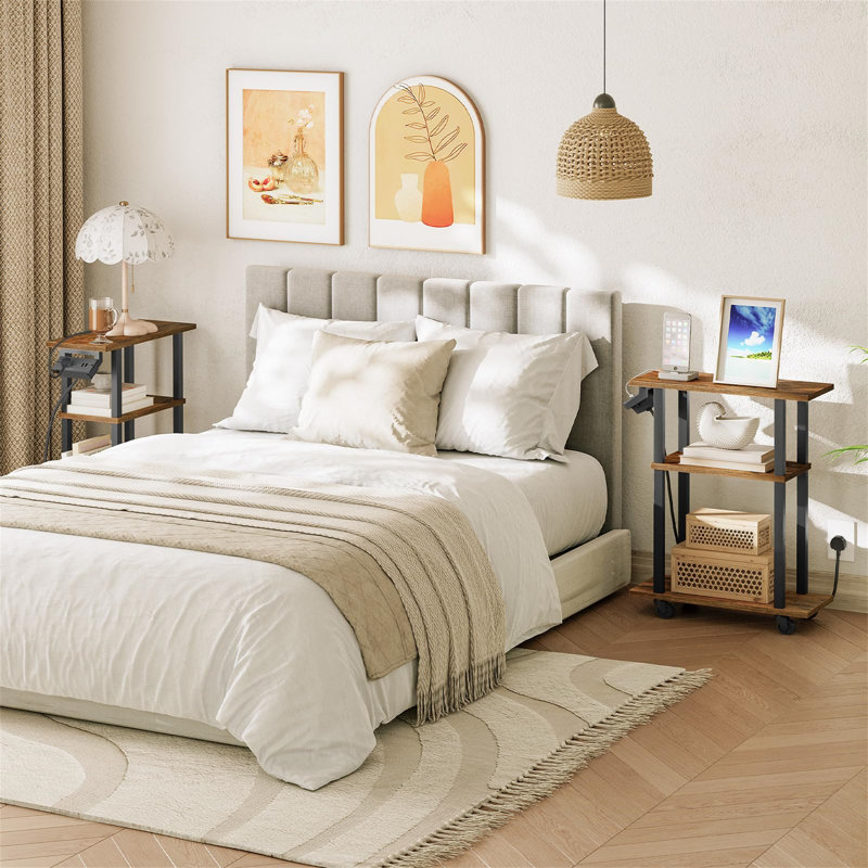 Narrow, Charging Station, Thin, USB Ports And Outlet Side Table with Storage