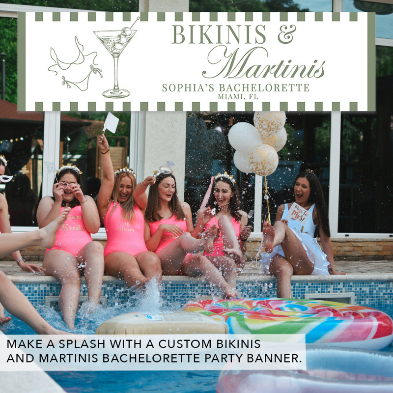 Bannière de Bachelorette rayée sur mesure en Bikinis et Martinis, vert Martini, décor de piscine sur la plage, décor personnalisé