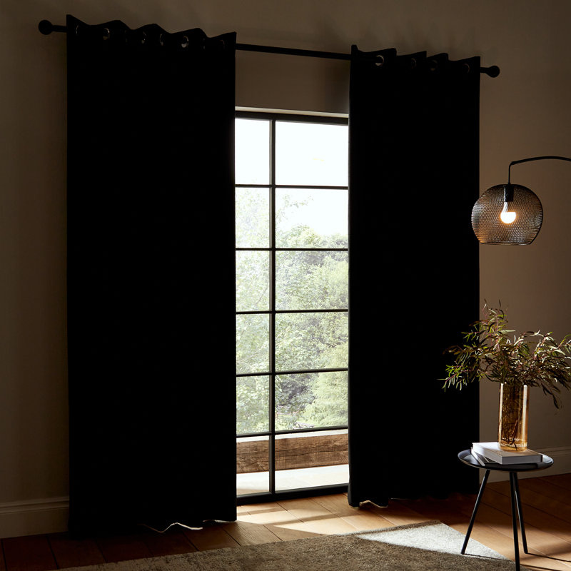 Faux Silk Blackout Thermal Insulating Eyelet Curtains, 117 x 137 cm, Black