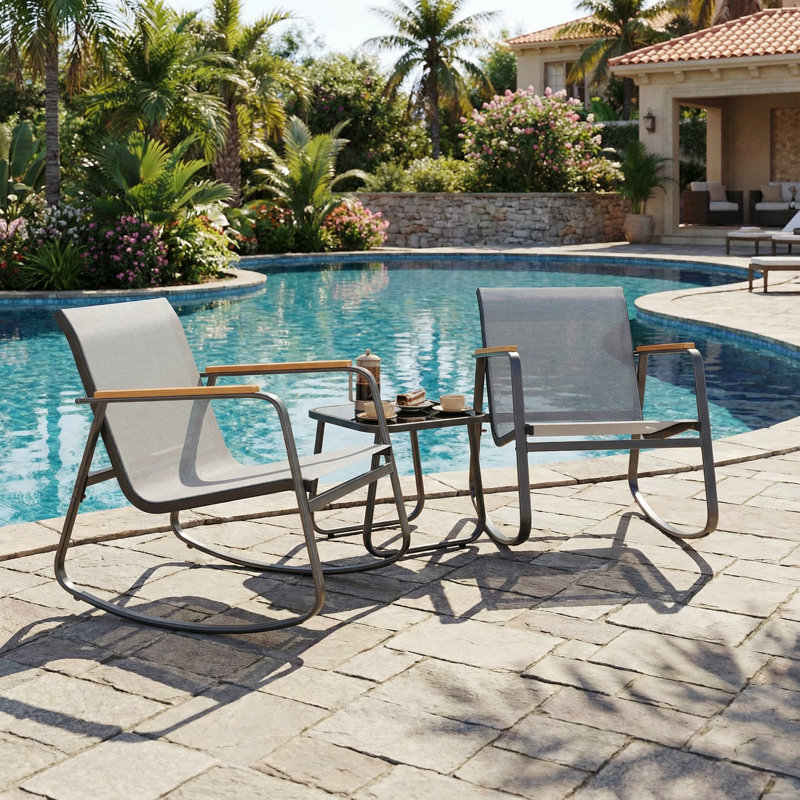 3-Piece  Outdoor Patio Conversation Rocking Set With Table，Seating Group, Gray