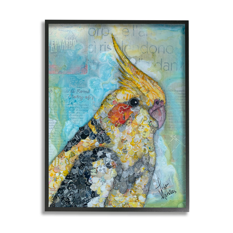 «Jolly Cockatiel Bird Assorted Layered Animal Collage» par Lisa Morales, peinture sur toile à cadre flottant, Noir