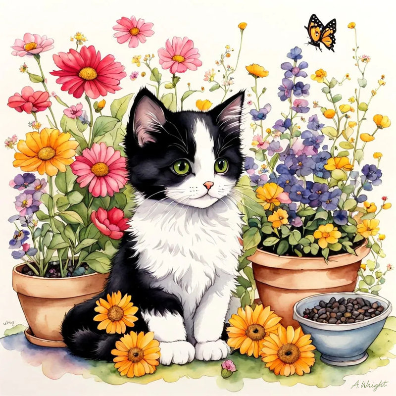 Floral chaton Bliss - chaton noir et blanc avec des fleurs de jardin, H 30 po x l 30 po