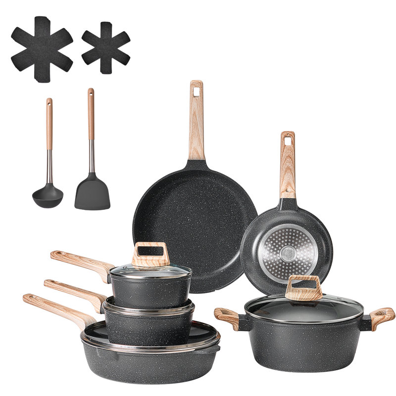 17 Piece Pots and Pans Set Granite Nonstick Kitchen Cookware Induction Black, Black