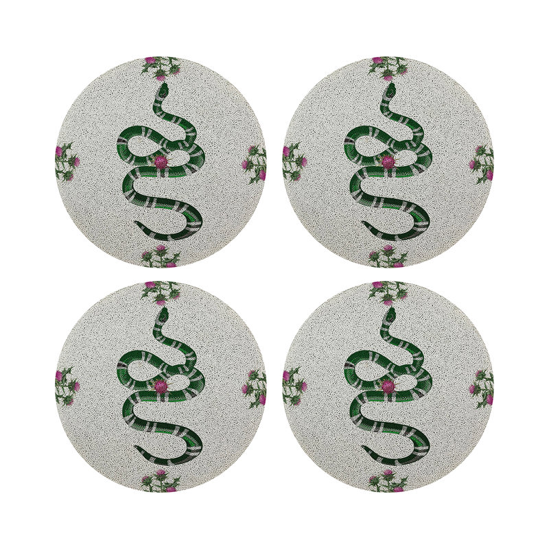 Thistle And Snake Vegan Leather Round Pebble Placemat, Pink White