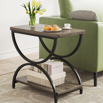 Table de bout industrielle 23,6 po à 2 niveaux avec structure en métal, table d'appoint en bois rétro pour le salon, table de chevet pour la chambre à coucher, table d'appoint décorative grise et noire, assemblage facile