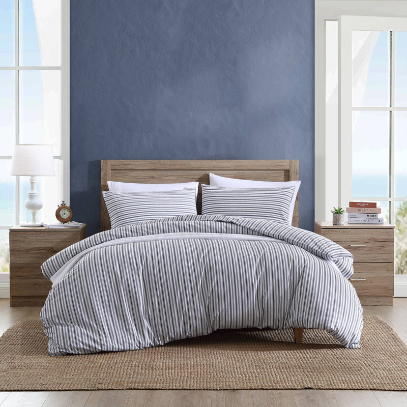 Charcoal and White Striped Cotton Queen Duvet Cover