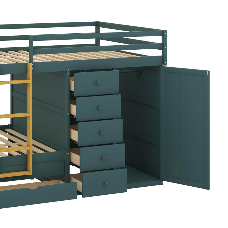 Lit superposé double avec 7 tiroirs de rangement et petite armoire, conception de rangement moderne, Vert Morandi