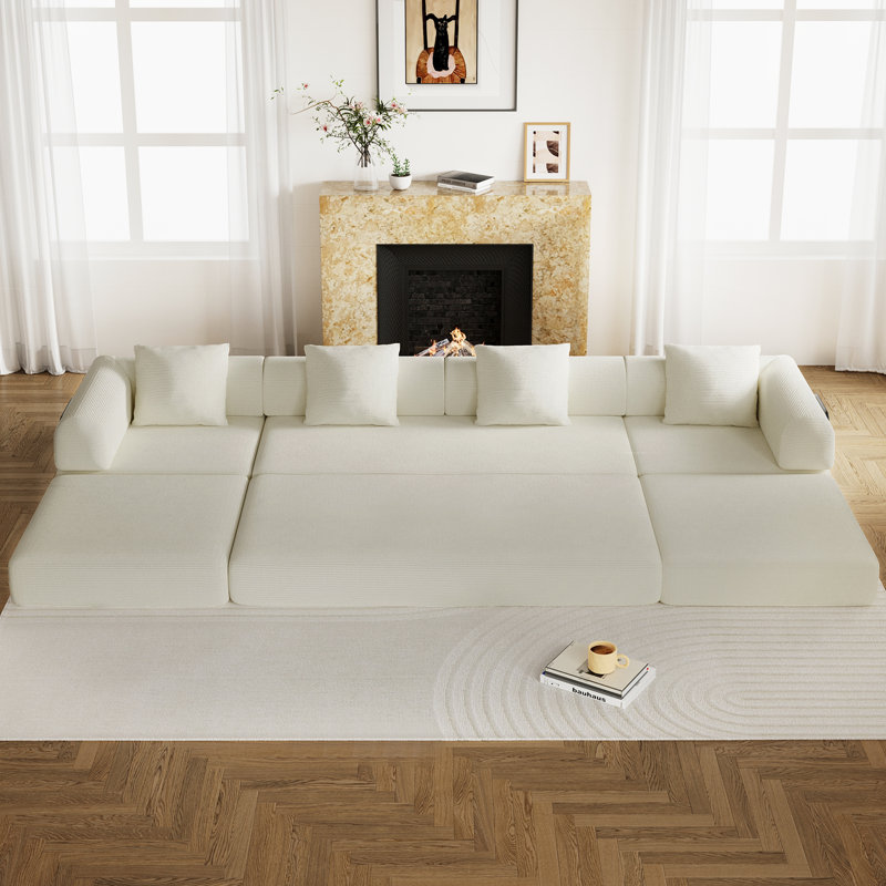 Convertible Boneless Sectional Sleeper Sofa Bed Modular Compression Couch With Removable Back And Arm, White Corduroy