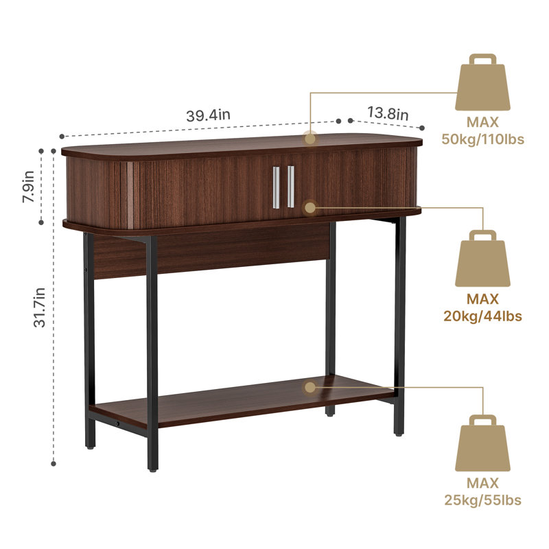 Fluted Entryway Table, 39.4" Narrow Console Table with Storage & Sliding Doors, Modern Round Corner Sofa Table, Mid Century Wooden Entry Table for Living Room, Hallway, Kitchen
