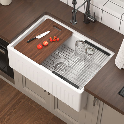 KAMARAG 30 Inch Workstation Farmhouse Kitchen Sink With Single Deep Bowl, Sink Grid, Cutting Board And Dish-Drying Rack White 