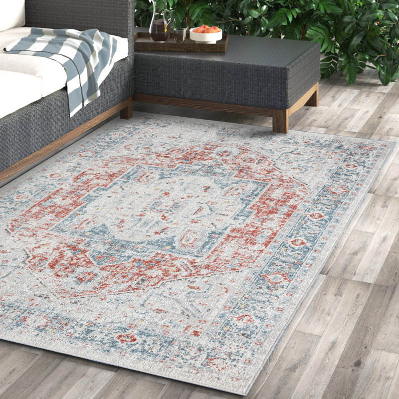 Indoor/Outdoor Medallion High-Low Performance Area Rug, Blue/Rust, Rectangle 7'9" x 9'9"