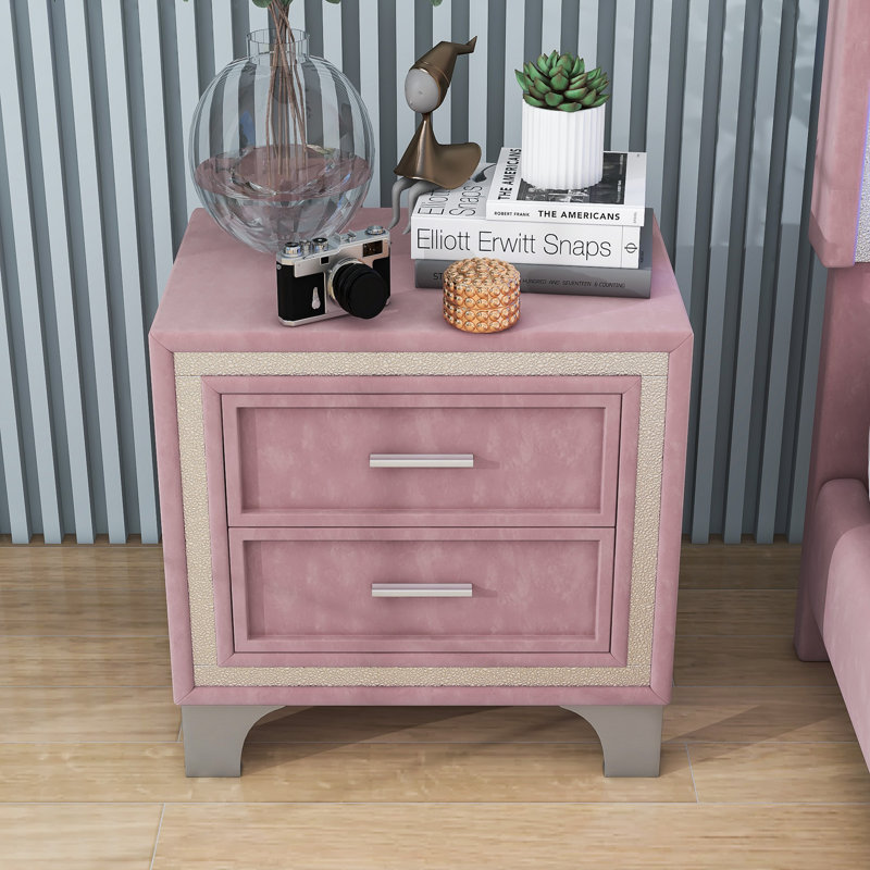 Table de chevet 2 tiroirs avec pieds en métal pour la chambre à coucher, Rose
