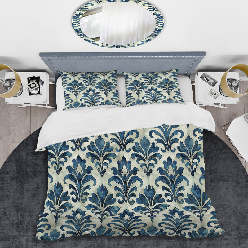Navy Glamour Luxe Damask - Transitional Duvet Cover Set, Queen Duvet Cover + 2 Standard Shams