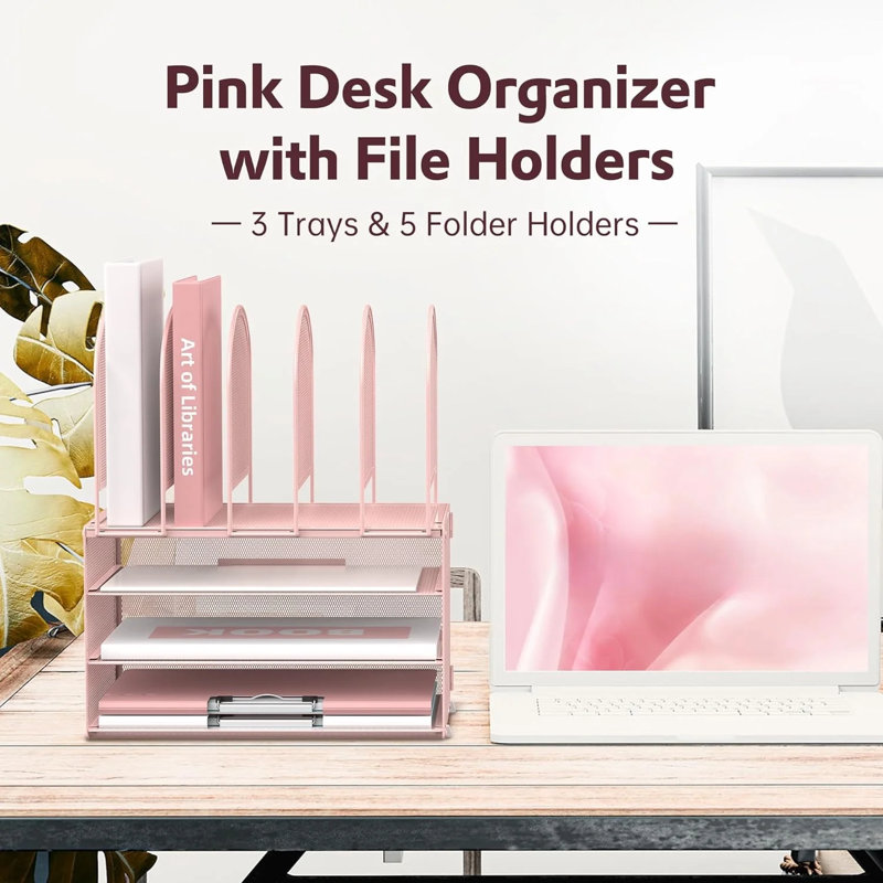 Organisateur de bureau à 3 niveaux avec 5 porte-dossiers et poignées pour le bureau, Rose