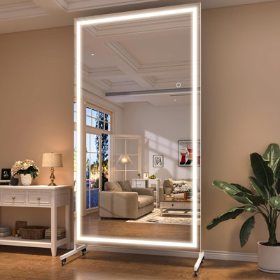 79" x 40" LED Full Length Mirror on Wheels, 360° Swivel, White