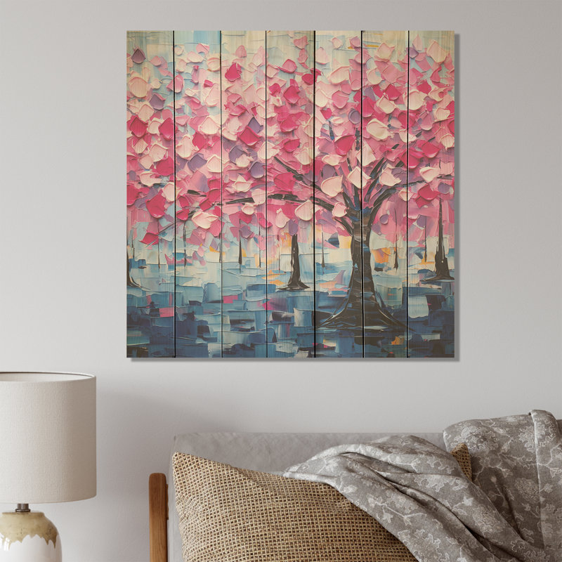 Arbre rose et mauve Essence IV - Arbre sur bois, H 25 po x l 25 po
