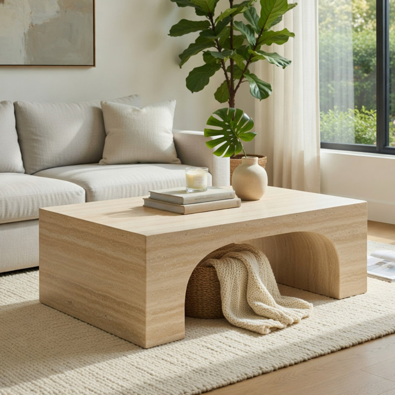 Table basse pia, plateau en travertin 48 po Scandi, base arche brun naturel