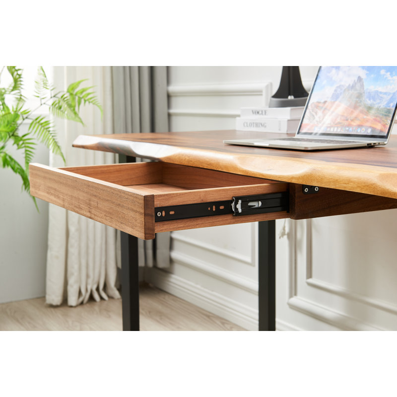 Live Edge Desk with U Shaped Legs and South American Walnut, with Drawer Storage, 29.5" H x 46" W x 24" D