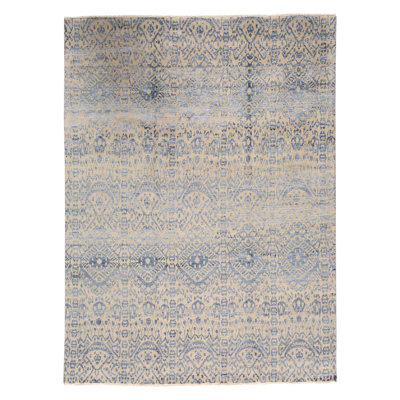 Tapis doré / bleu foncé de haute qualité noué à la main