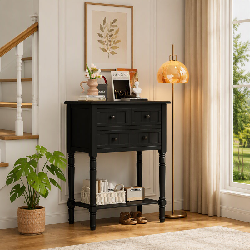 Console étroite, canapé mince avec trois tiroirs de rangement et tablette inférieure (noir), Noir