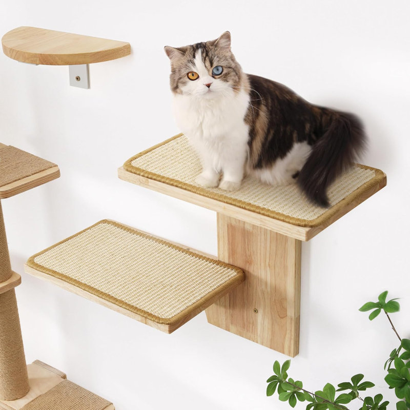Étagères murales pour chat, 2 meubles muraux chaton, plate-forme flottante murale en forme d'arbre avec tapis en sisal, perchoir pour chats en bois d'hévéa massif pour cloison sèche de 16 pouces, convient pour grimper, jouer, nager