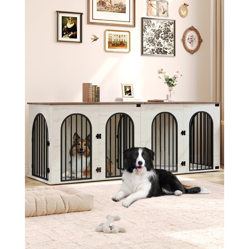 71" White and Brown Heavy Duty Dog Crate Furniture with Divider
