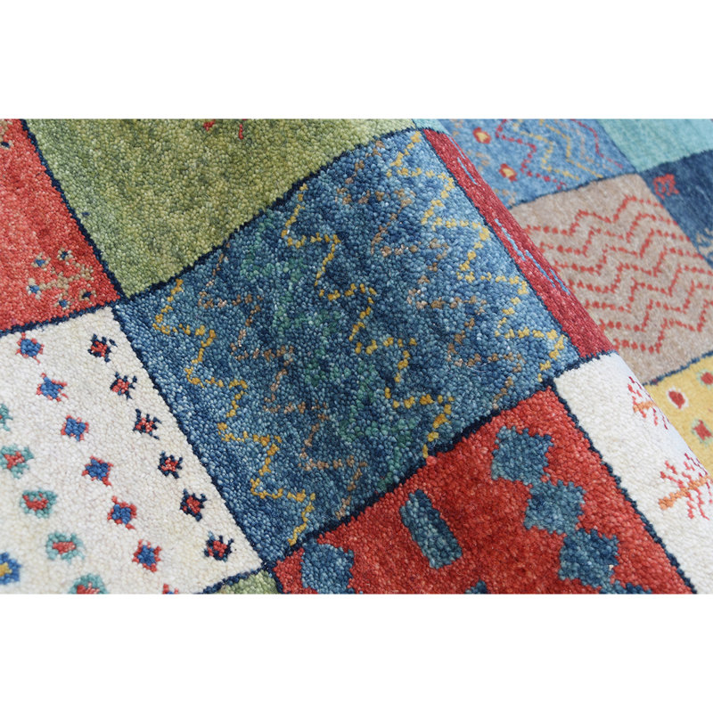 Wool Patchwork Area Rug in Green, Rectangle 5' x 8'