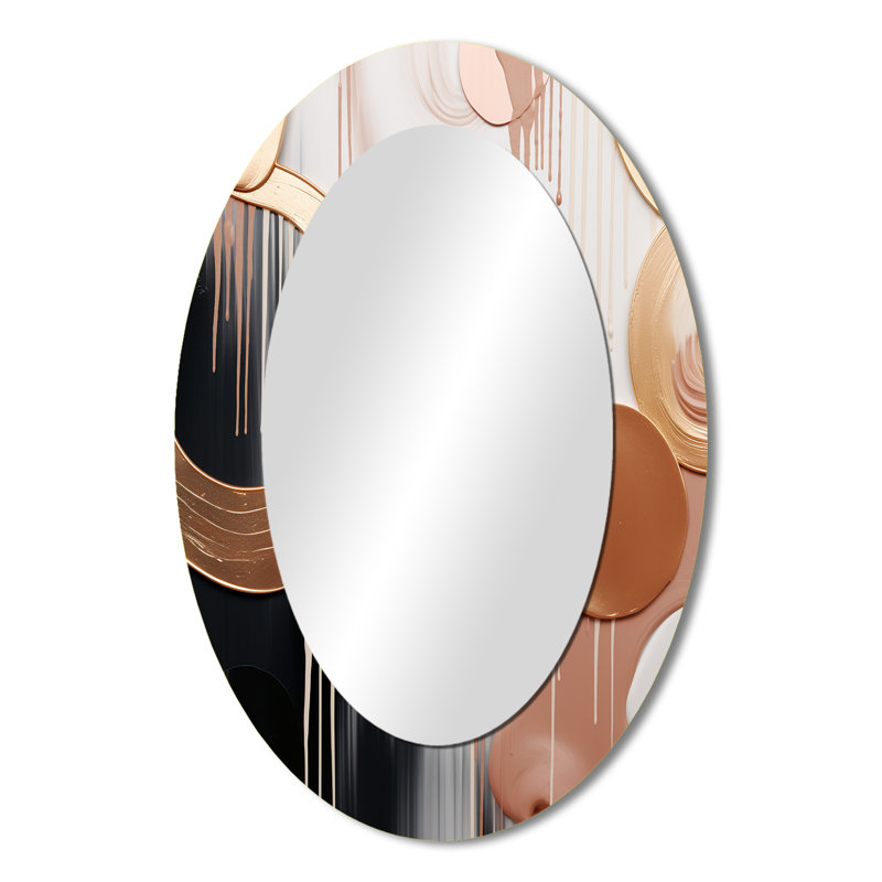 Gold And White Abstract Shapes Harmony V - Large Oval Wall Mirror On Metal, 36" x 24"