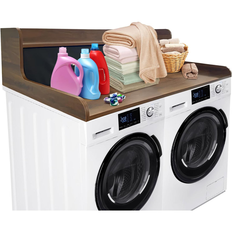 2-Tier Washer Dryer Countertop with 2 Drawers, Wood Laundry Countertop with 2.75" H Edge Rails, Waterproof Washer Dryer Cover with Anti-Slip Pads for Laundry Room Organization and Storage